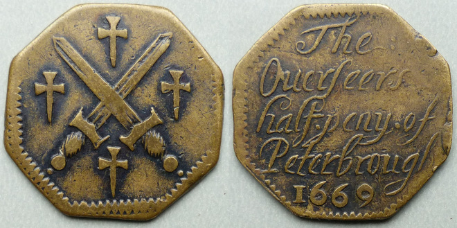 Peterborough, town issue, overseers 1669 halfpenny